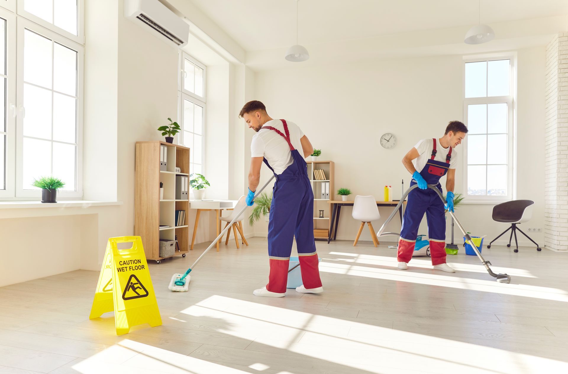 Two men are cleaning a room with a mop.